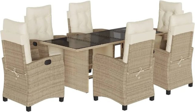 vidaXL 7-tlg Garten-Essgruppe aus Poly-Rattan in Beige und Cremeweiß mit Kissen und Hartglas-Tischplatte - Bild 1