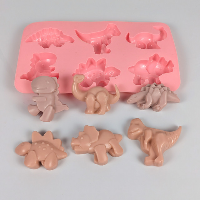 Aomily Dinosaurier Silikonform für Fondant, Schokolade und Seife in Pink, 6 verschiedene Formen - Bild 1