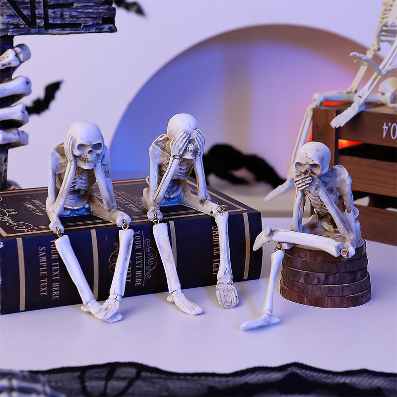 Fashnics Halloween Skelett Sammlerfiguren No-Evil Totenkopf-Dekoration aus Kunstharz in Beige und Grau - Bild 3