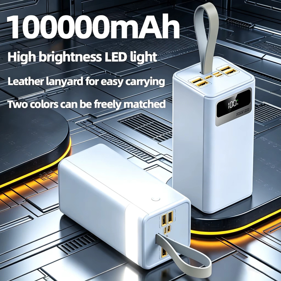 InTessry Powerbank 100000mAh mit 22,5W Schnellladefunktion, weiß, mit Digital-Display, LED-Licht und Lederband - Bild 5