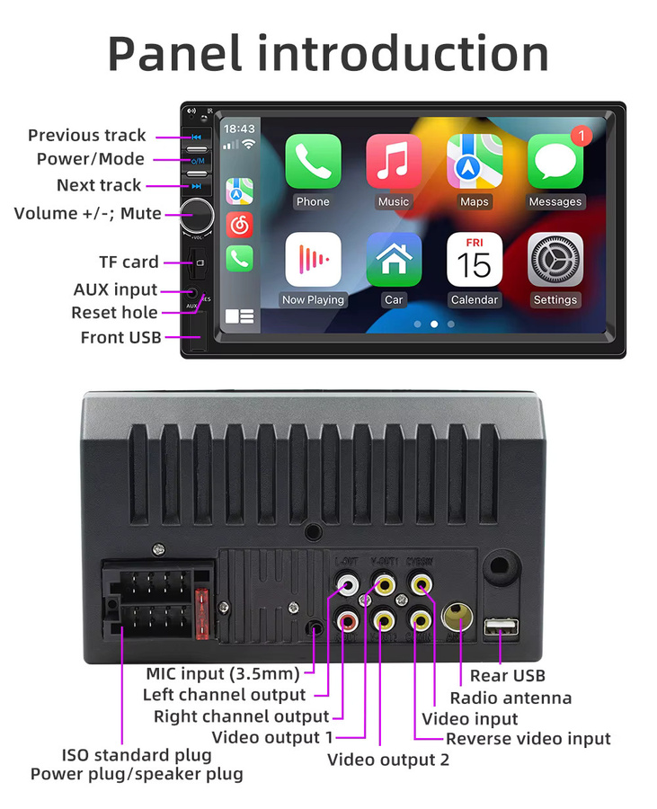 ESSGOO 7 Zoll Autoradio mit Touchscreen, Apple CarPlay, Android Auto, Bluetooth, USB und Mirror Link, Schwarz - Bild 3