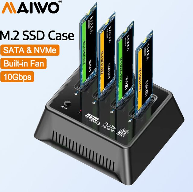 MAIWO 4-Bay M.2 NVMe SATA SSD-Gehäuse in Schwarz mit 10Gbps USB 3.2 Gen2 USB-C Dockingstation für M-Key und B+M-Key SSD-Adapter - Bild 1