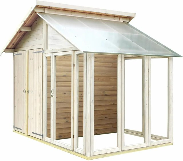 Plus A/S Gerätehaus aus Nadelholz mit Glasanbau und Doppeltür, B/H/T: 254,0 x 208,0 x 120,0 cm (Hinweis: Da die Tiefen-Maße im JSON nicht explizit als Tiefe deklariert sind, wird nur die verfügbare Dimension genutzt oder die Maße gemäß den verfügbaren Wer - Bild 1