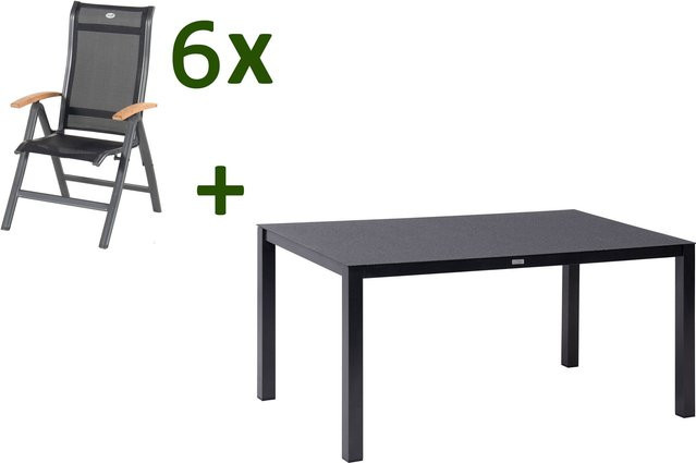 Hartman Alice Garten-Essgruppe aus Aluminium und Spraystone in Schwarz/Anthrazit mit 6 Klappstühlen, Tisch B: 160 cm, T: 95 cm, H: 74 cm - Bild 1
