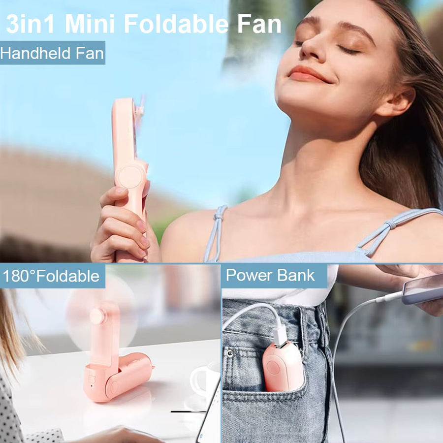 Tragbarer Mini Handventilator von Raugee in Schwarz, USB wiederaufladbar mit 2000mAh Akku und Powerbank-Funktion, faltbar und kompakt für unterwegs - Bild 2