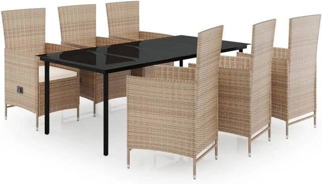 vidaXL 7-teilige Garten-Essgruppe aus PE-Rattan und pulverbeschichtetem Stahl mit Glasplatte und beige Auflagen - Bild 1
