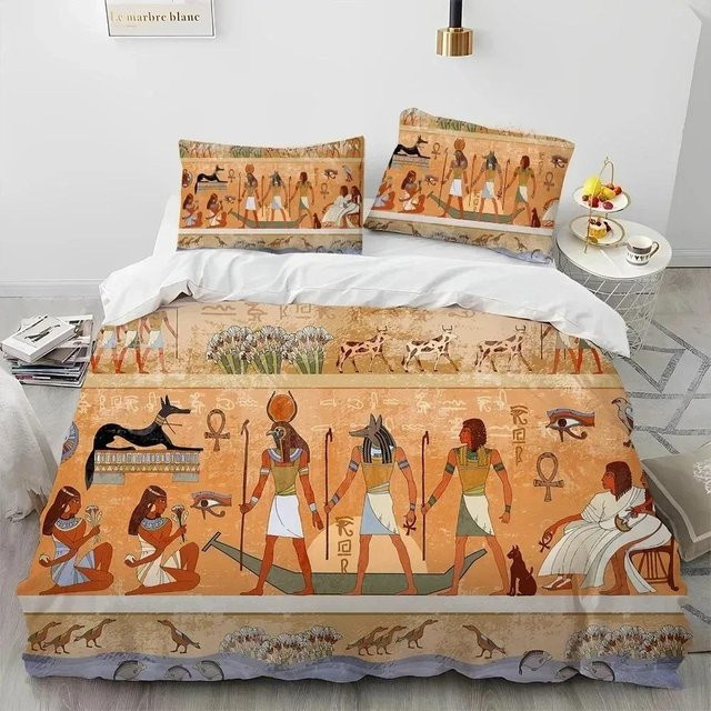 Bettwäsche-Set Your Warm Home mit ägyptischer Mythologie und Pharao Hieroglyphen in Beige, bestehend aus Bettbezug und Kissenbezug aus Mikrofaser, Breite: 135 cm, Länge: 200 cm - Bild 1