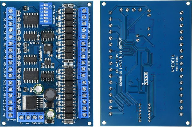 Gaqqee RS485 SPS IO-Erweiterungsplatine mit Modbus RTU Modul, 16-Eingang 16-Ausgang Fernschalter für Smart Home, Blau, DC 12V/24V - Bild 1