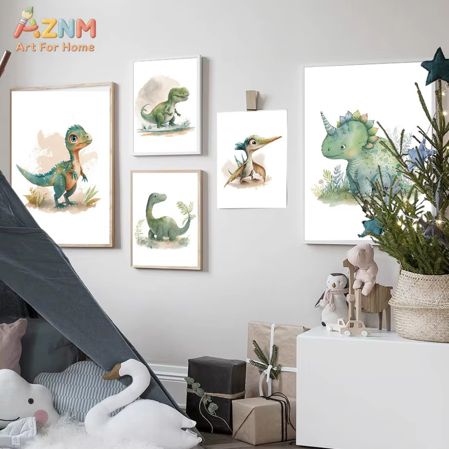 AZNM Aquarell-Dinosaurier Leinwanddruck als bunte Wandkunst für das Kinderzimmer - Bild 2
