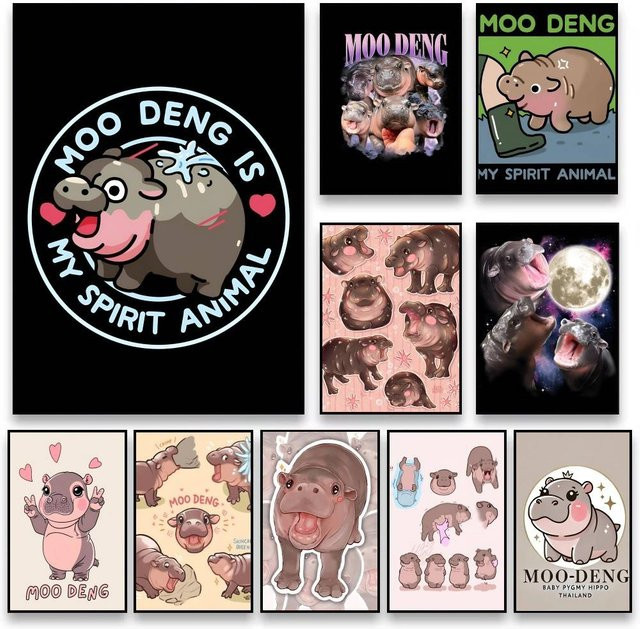 Kawaii Baby Hippo Moo Deng Poster Aufkleber Wanddeko in Multicolor - Bild 1