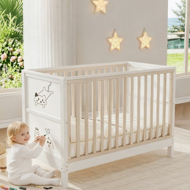 Wandelbares Babybett aus massivem Kiefernholz mit bemalten Paneelen, 3-fach höhenverstellbar, umwandelbar zum Zusatzbett und Kindersofa, Farbe: Natur und Weiß, B/T/H: 120 x 60 x 90 cm - Bild 1