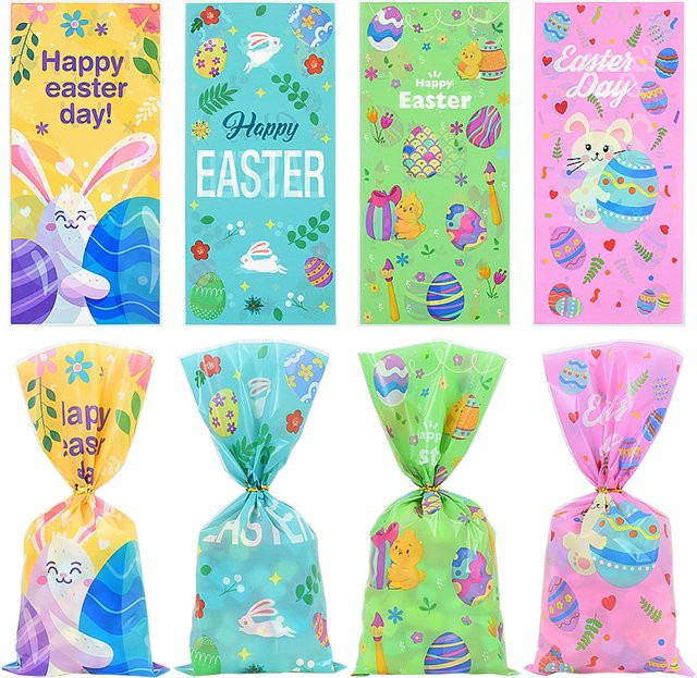 50 Stück ZQNYCY Ostern Süßigkeiten Taschen mit Kaninchen und Ei Motiv, selbstklebende Kunststoff Verpackungstaschen in Mehrfarbig für Kinder und Party Dekoration - Bild 1