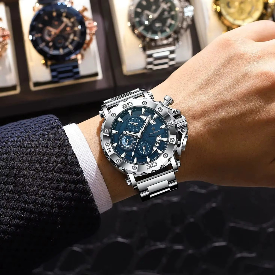 POEDAGAR Chronograph Armbanduhr, Edelstahl, Quarz, Blau, Herren - Bild 5