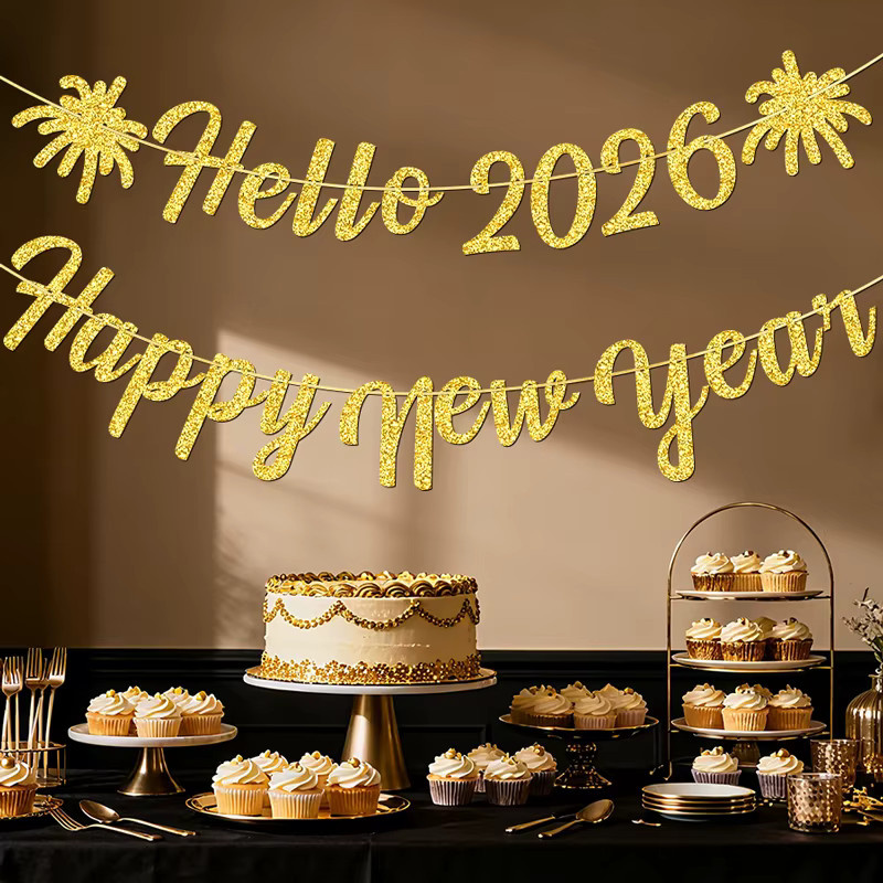 YOMDID Glitzer-Banner Hallo 2026 für deine Silvesterparty in Schwarz und Gold - Bild 5