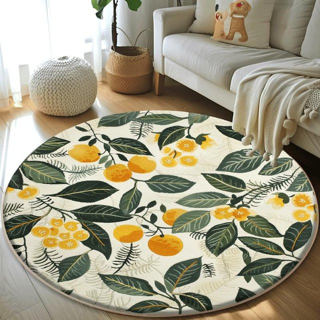 Karpetti Runder Teppich mit Pflanzenmuster in Grün und Multicolour, Flauschiger Plüschteppich im Skandinavischen Stil, Durchmesser: 80 cm - Bild 1