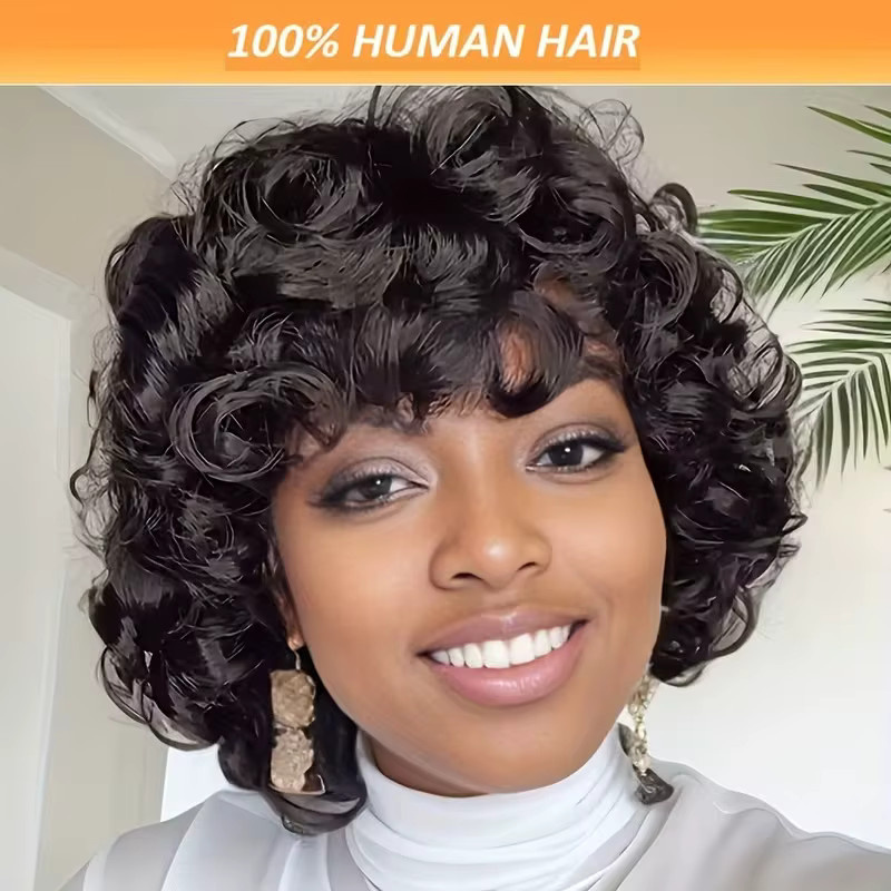 OYM HAIR Bob-Perücke, lockig mit Pony, 100 % Echthaar, Schwarz, Damen - Bild 3
