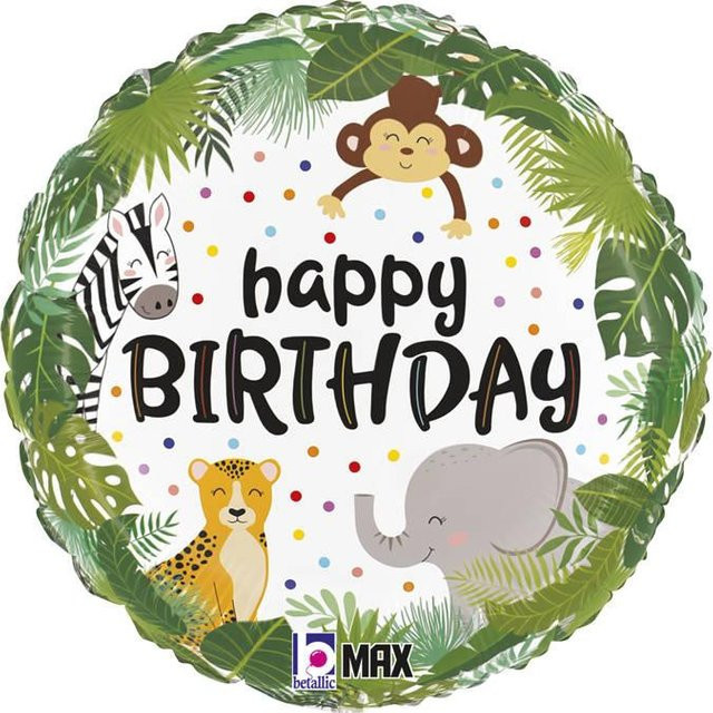Grabo Folienballon Happy Birthday Dschungel Safari mit Tieren, rund, multicolor, Durchmesser: 46 cm - Bild 1