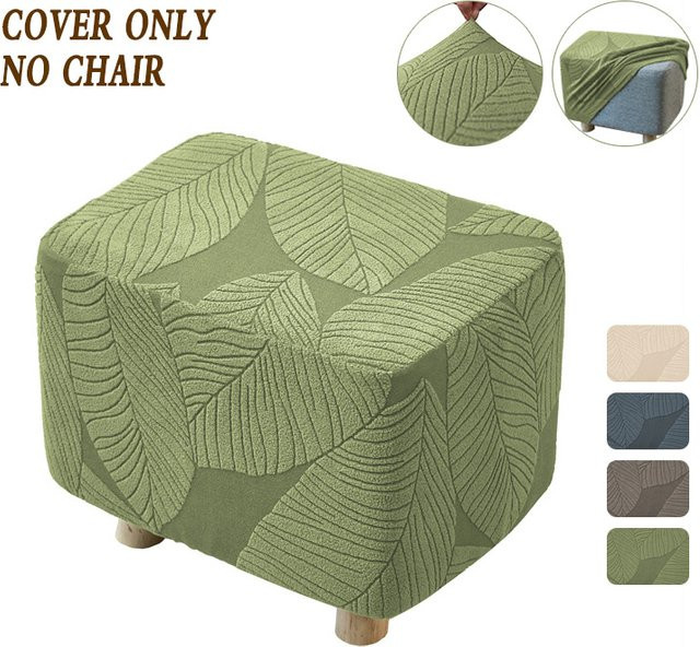 WANERQU Jacquard Ottoman Hockerbezug in Grün, dehnbarer und schmutzabweisender Fußhocker-Schutzbezug mit floralem Muster - Bild 1