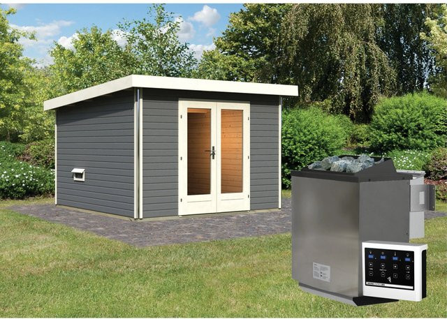 Karibu Saunahaus Magnus 1 Set B aus nordischer Fichte in Terragrau mit 9 kW Bio-Saunaoferen und externer Steuerung - Bild 1