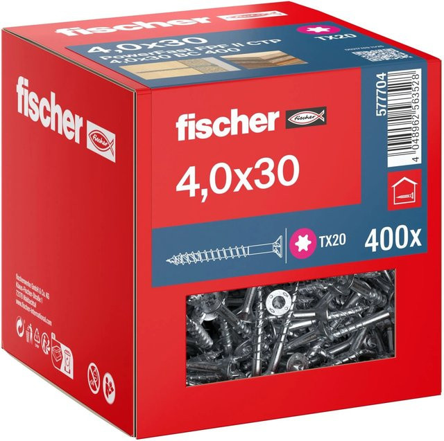 Fischer PowerFast II Senkkopf Schraube mit Torx-Antrieb und Teilgewinde aus verzinktem Stahl, Farbe: Silber/Blau, Durchmesser: 4,0 mm, Länge: 30,0 mm, 400 Stück - Bild 1