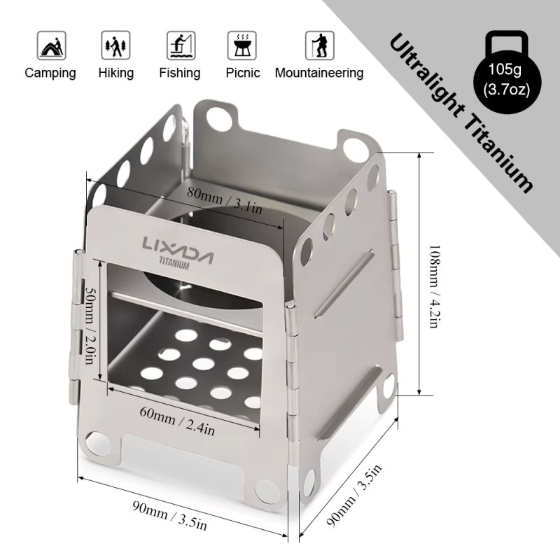 Lixada Titan Holzofen tragbarer Mini Campingherd aus Titan in Silber für Outdoor und Picknick - Bild 2