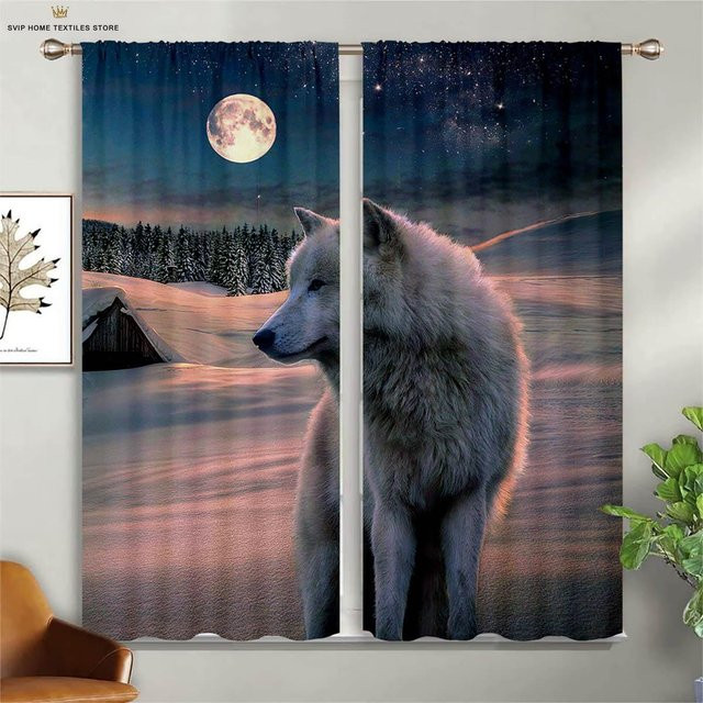 Lichtblockierende Fenstervorhänge mit 3D-Wolf- und Sternenhimmel-Muster, Mehrfarbig, Breite: 100 cm, Höhe: 130 cm - Bild 1