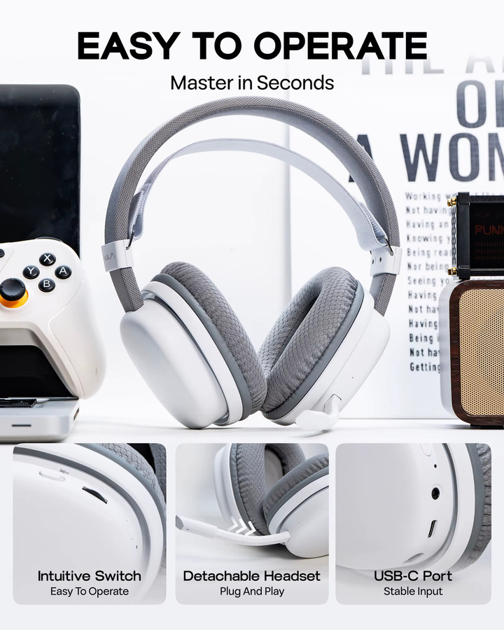 AULA G7 Gaming-Kopfhörer mit Bluetooth, 2,4 GHz und Kabel, abnehmbares Mikrofon mit Geräuschunterdrückung, RGB, 1000 mAh, Pink/Weiß, für PS4/PS5, PC und Nintendo Switch - Bild 4