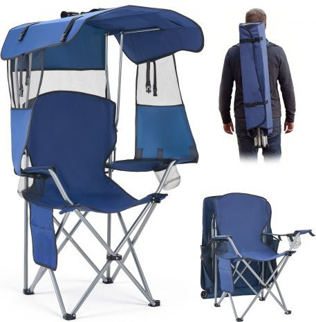 VEVOR Campingstuhl mit Sonnendach und Zeitschriftentasche, Dunkelblauer Klappstuhl mit 2 Getränkehaltern und Armlehnen, belastbar bis 150 kg, aus 600D Oxford-Gewebe - Bild 1