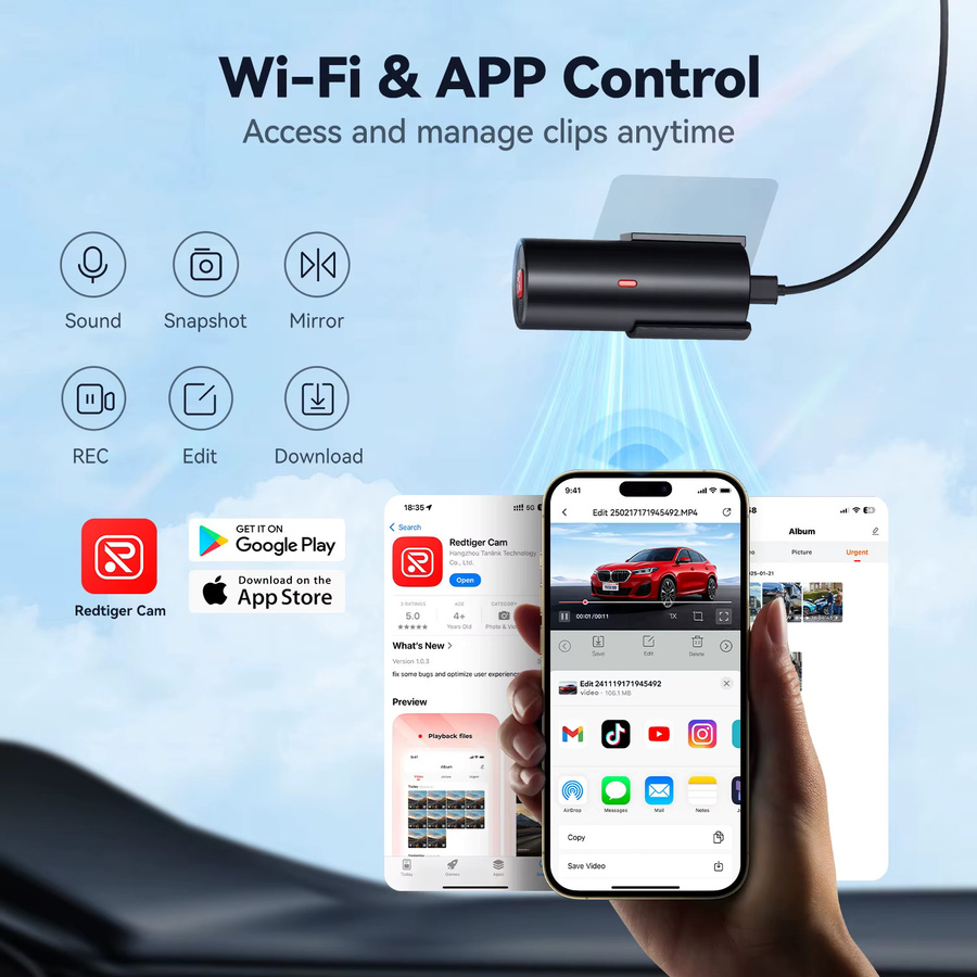 REDTIGER A1 4K Mini Dashcam in Schwarz mit WLAN, App-Steuerung, Nachtsicht und 24-Stunden-Parkmodus - Bild 4