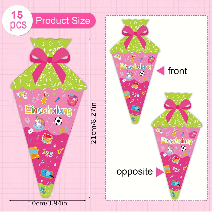 15 Stück Bonbontüten in Form einer Einladungskarte für den ersten Schultag, rosa Back-to-School-Party-Einladungen aus Papier - Bild 3