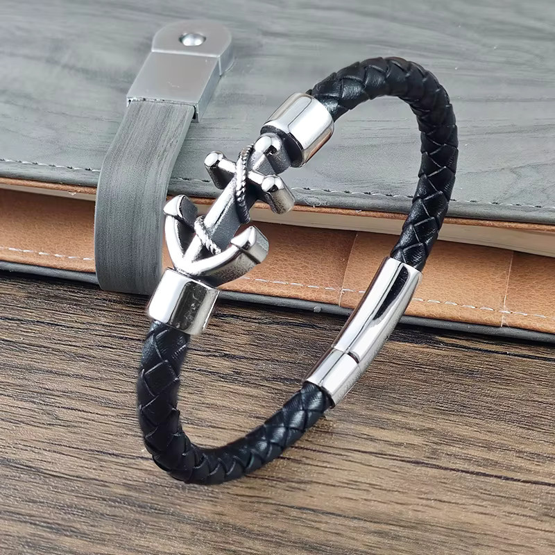 jiangmingao Lederarmband, Edelstahl, Silber, Herren - Bild 1