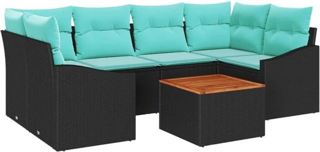 vidaXL Gartensofa-Set aus Poly-Rattan und Akazienholz in Schwarz mit 7-teiligem Polster-Set und Tisch - Bild 1
