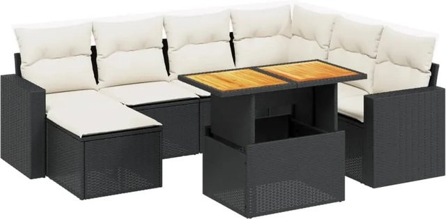 vidaXL 8-tlg. Garten-Sofagarnitur aus Polyrattan in Schwarz mit Kissen und Couchtisch im L-Shape Design - Bild 1