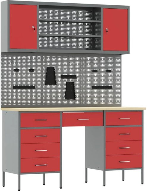 vidaXL Werkbank mit 8 Schubladen und Pegboard aus Holz und Stahl in Rot - Bild 1