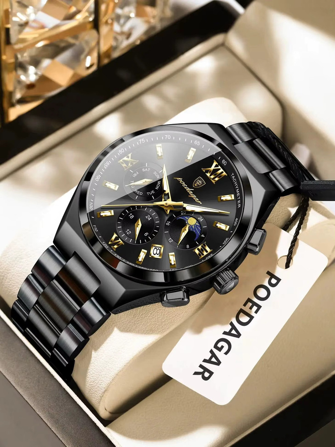 POEDAGAR Armbanduhr Quarz, Edelstahl, Schwarz, Silber, Herren - Bild 7