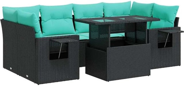 vidaXL 7-teilige Garten-Sofagarnitur aus Poly-Rattan und Akazie in Schwarz mit blauen Kissen - Bild 1