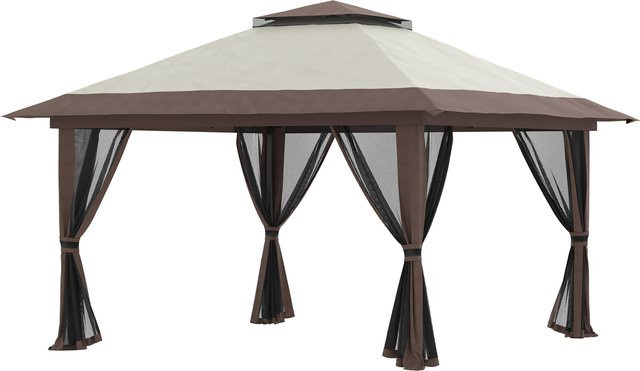 Outsunny Gartenpavillon Beige 4x4m Stabil Winterfest Pop-up Partyzelt mit Doppeldach und 4 Seitenteilen - Bild 1