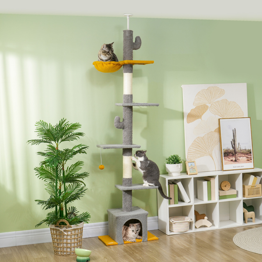 PawHut Kratzbaum Hellgrau mit 6 Ebenen, Deckenhoher Katzenspielplatz mit Häuschen, Hängematte und Spielzeug, Höhe: 275 cm - Bild 2