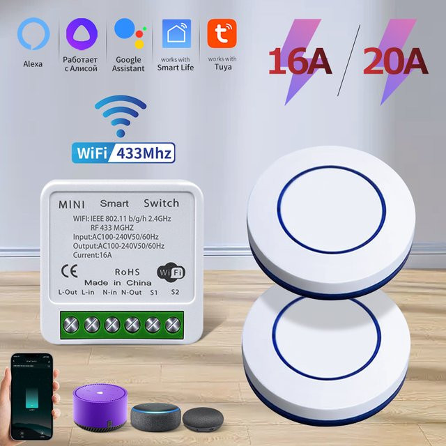 Ammtoo Drahtloser Runder Panel Lichtschalter mit WIFI und RF433Mhz Modul, 10A/20A Relais Empfänger und Sender, Weiß - Bild 1
