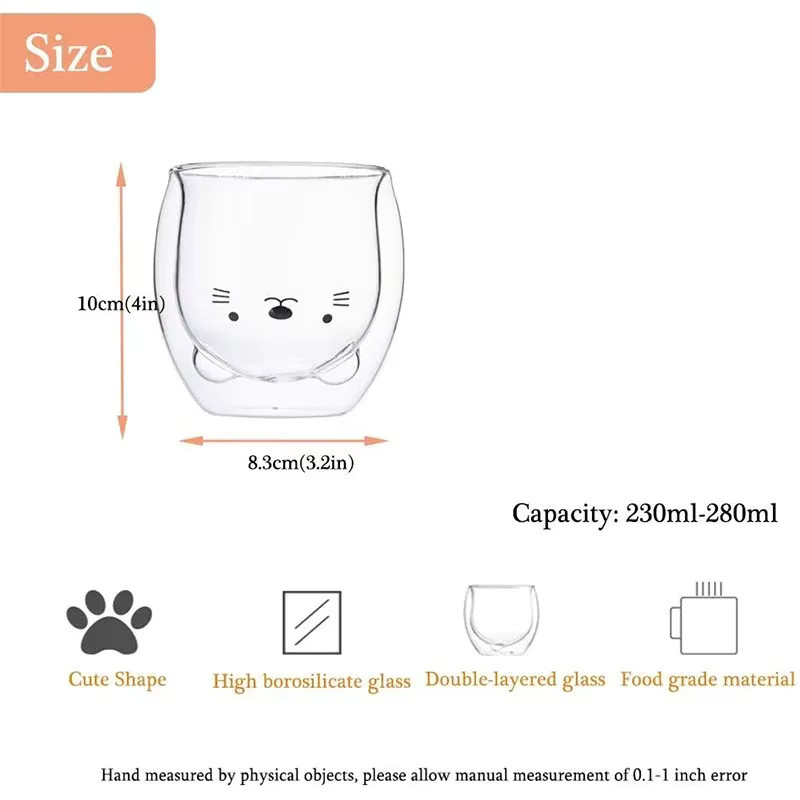 Venlohome Doppelwandiger Glasbecher Transparent mit Bär- und Katzen-Design für Kaffee, Milch oder Saft - Bild 5