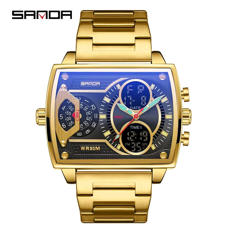 SANDA Armbanduhr Digitaluhr, Edelstahl, Gold, Herren, Eckig - Bild 3
