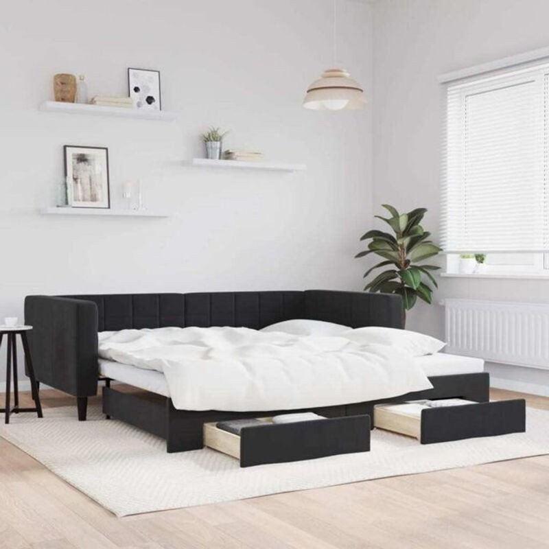 Ausziehbares Funktionsbett Vidaxl in Schwarz aus Samt und Holz mit Schubladen B: 100 cm, L: 200 cm - Bild 1