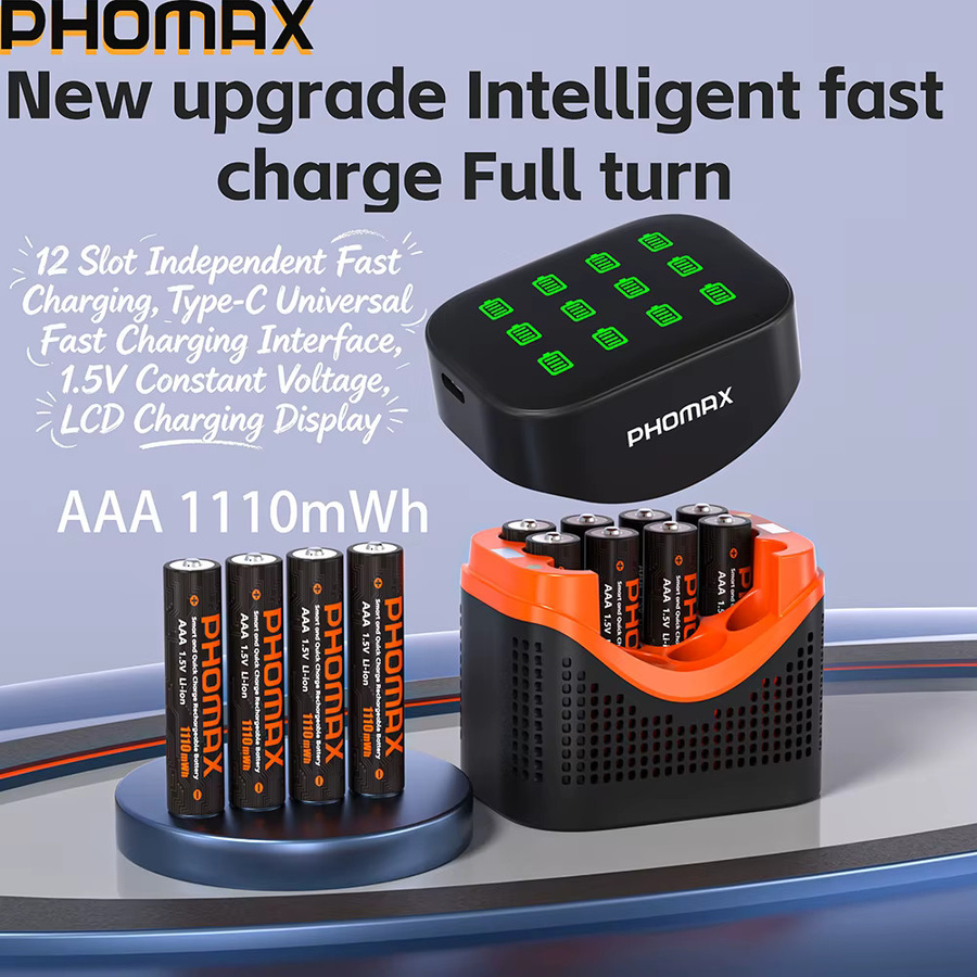 PHOMAX Wiederaufladbare AAA Li-Ion Batterien 1,5V mit 1110mWh und 12-fach LCD Schnellladegerät in Schwarz - Bild 2