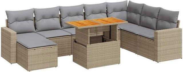 vidaXL 9-tlg Garten-Sofagarnitur in L-Form aus Poly-Rattan und Akazienholz mit Kissen in Beige-Grau - Bild 1