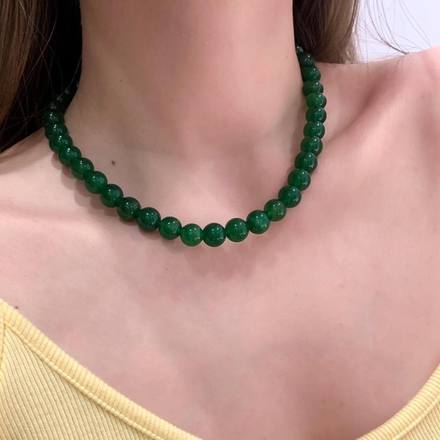 Perlenkette Damen, Natürlicher Grüner Achat, Silberbeschichteter Kupferbarren Verschluss, Choker - Bild 1