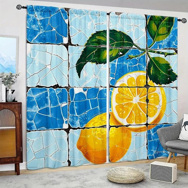 2er-Set Sommer Zitrone Vorhang mit floralem Print, halbtransparent, B: 52,5 cm, H: 116 cm, Haushalt Supplies MH - Bild 1