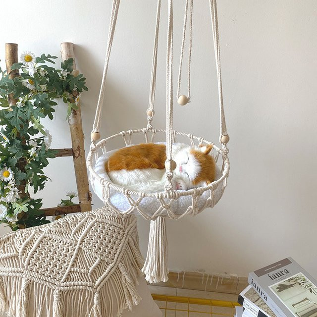 Otmagelu Katzenhängematte im Boho-Stil, handgewebte Katzenschaukel aus Textil, weiß, rund - Bild 1