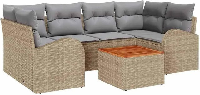 vidaXL 7-teiliges Garten Sofa Set aus Polyrattan und Akazie in Beige mit Kissen und Ottoman für Garten, Balkon oder Terrasse - Bild 1
