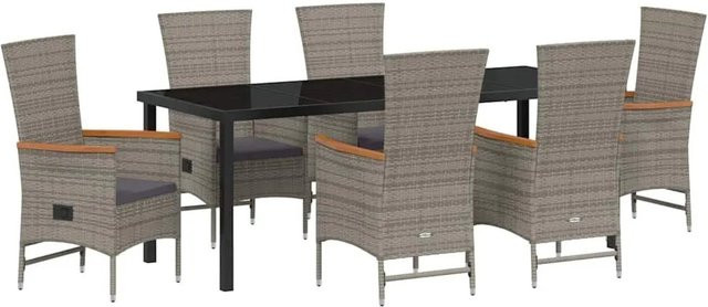 vidaXL Garten Essgruppe 7-teilig aus Poly-Rattan und Akazienholz in Grau mit Glasplatte und Kissen - Bild 1