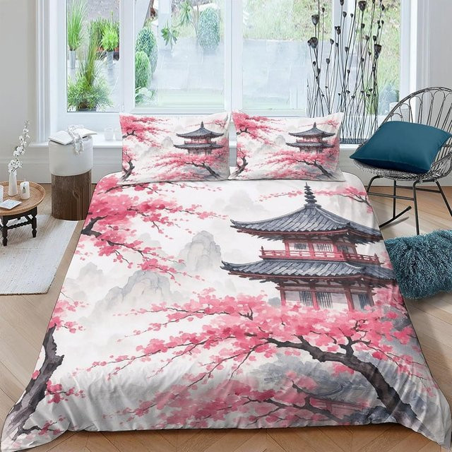 3-teiliges Bettwäsche-Set Kirschblüten in Pink mit asiatischer Tuschemalerei aus Premium Mikrofaser, bestehend aus einem Bettbezug und Kissenbezügen mit Reißverschluss, Breite: 140 cm, Länge: 210 cm - Bild 1